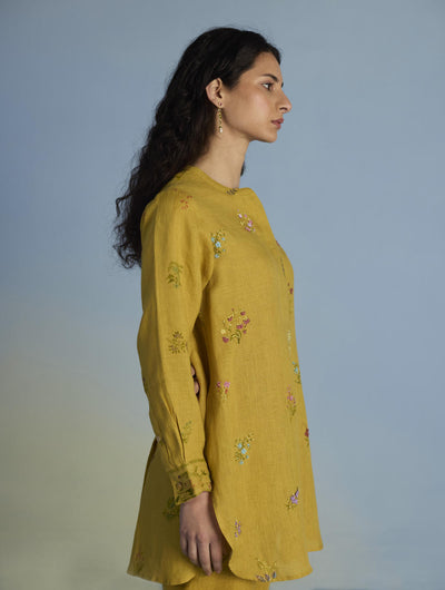 Anya Hand-Embroidered Floral Linen Co-ord Set - Ochre