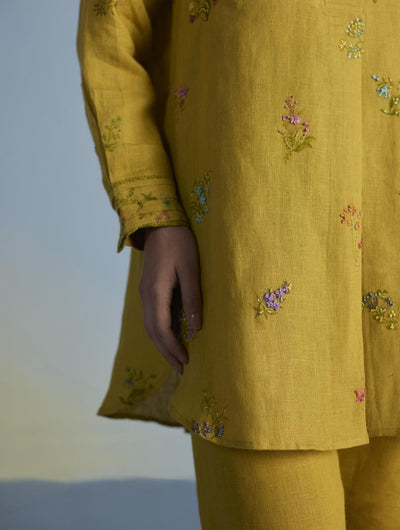 Anya Hand-Embroidered Floral Linen Co-ord Set - Ochre