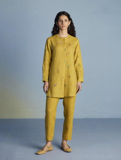 Anya Hand-Embroidered Floral Linen Co-ord Set - Ochre