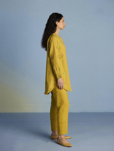 Anya Hand-Embroidered Floral Linen Co-ord Set - Ochre