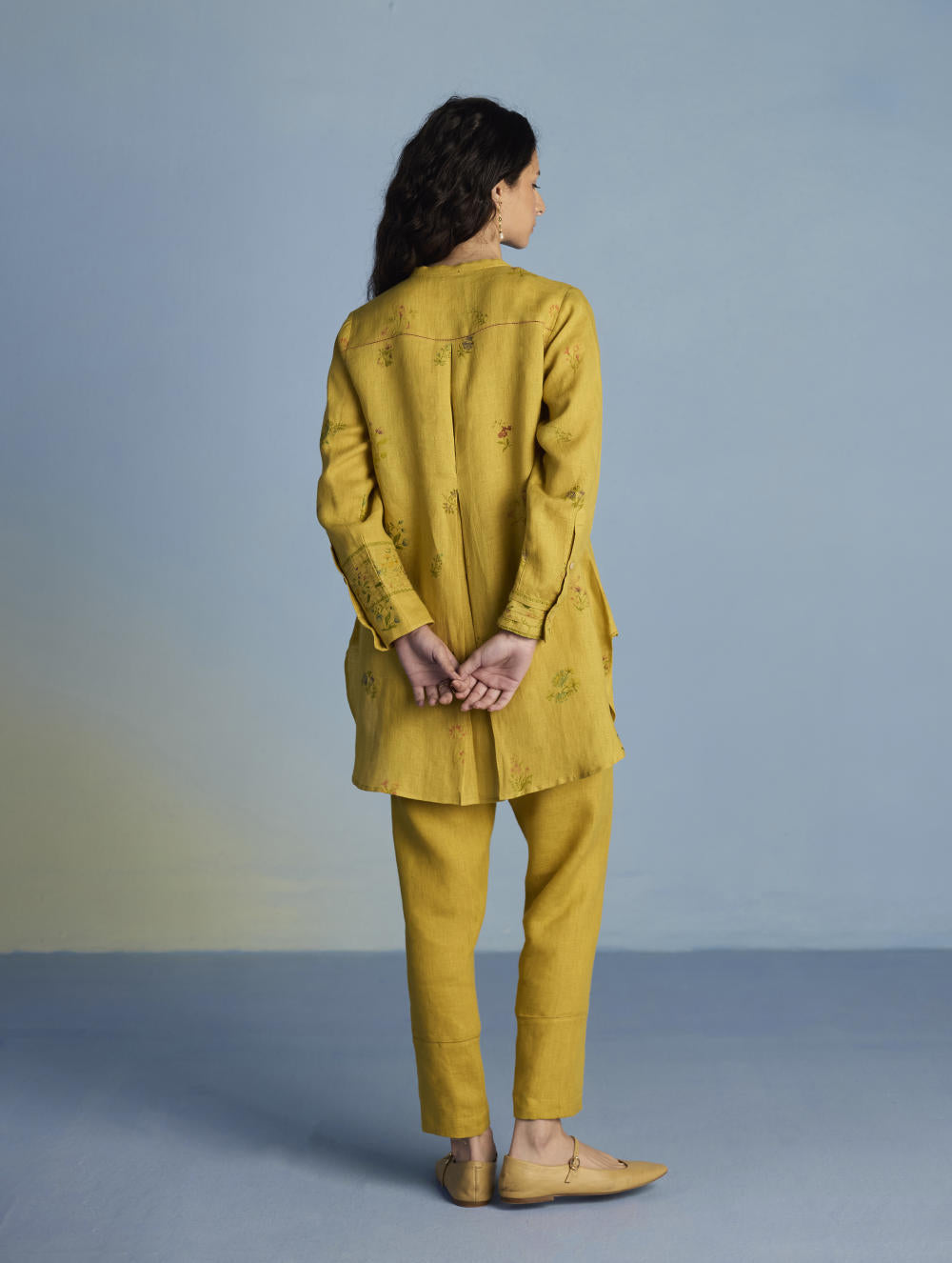 Anya Hand-Embroidered Floral Linen Co-ord Set - Ochre
