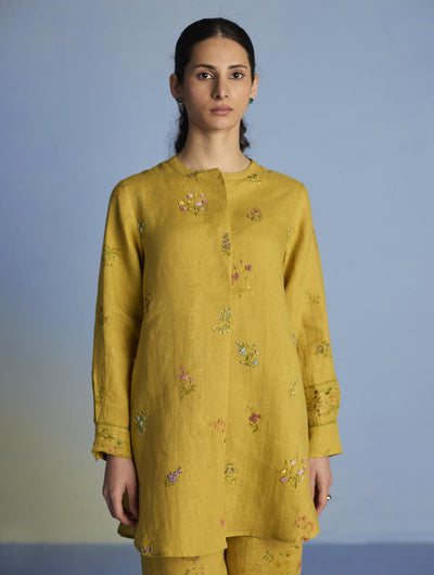 Anya Hand-Embroidered Floral Linen Co-ord Set - Ochre