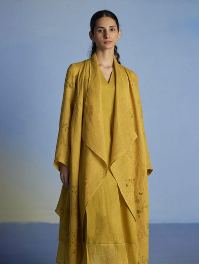 Ita Pleated Linen Dress and Overlay - Ochre