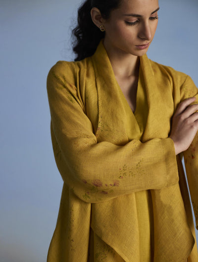 Ita Pleated Linen Dress and Overlay - Ochre