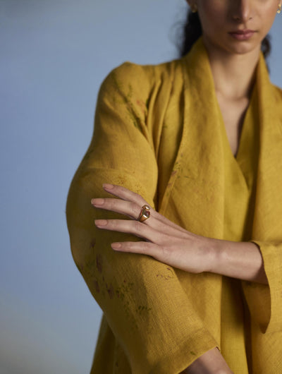 Ita Pleated Linen Dress and Overlay - Ochre