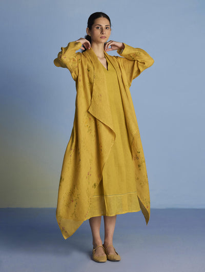 Ita Pleated Linen Dress and Overlay - Ochre