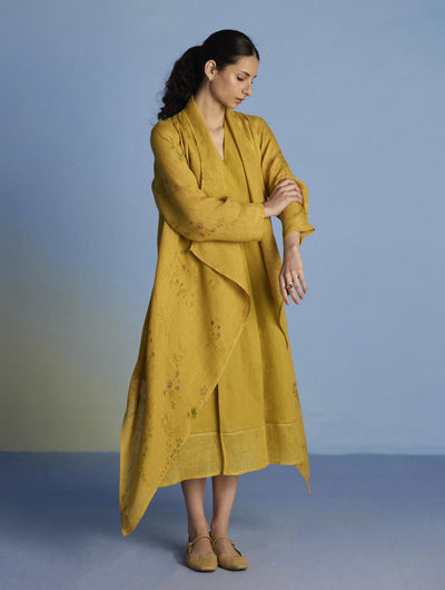 Ita Pleated Linen Dress and Overlay - Ochre