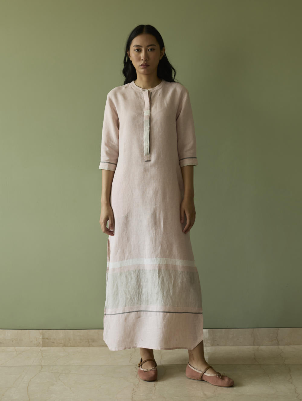 Terra Border Linen Dress-Blush