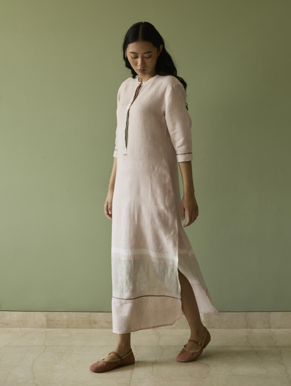 Terra Border Linen Dress-Blush