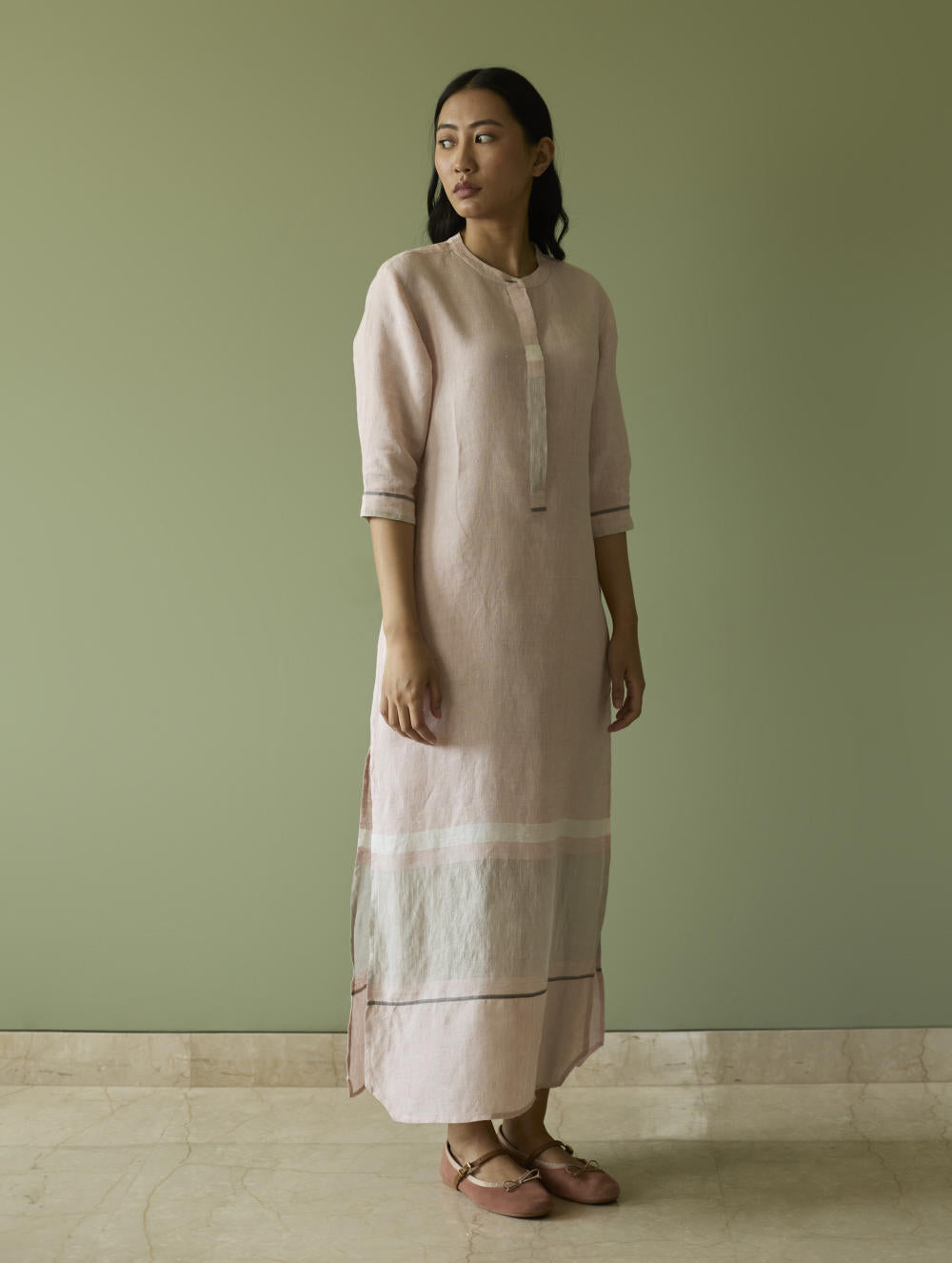 Terra Border Linen Dress-Blush