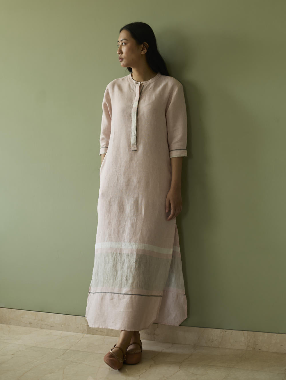 Terra Border Linen Dress-Blush