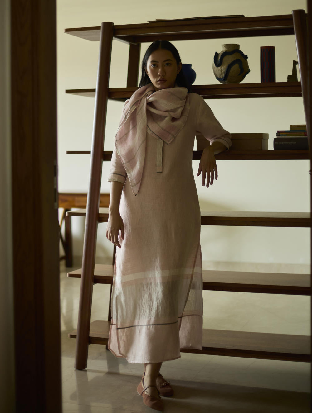 Terra Border Linen Dress-Blush