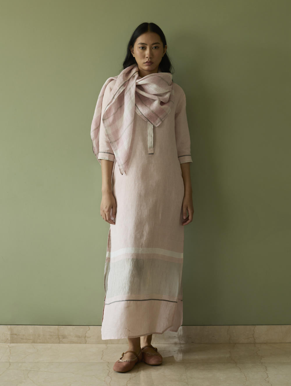 Terra Border Linen Dress-Blush