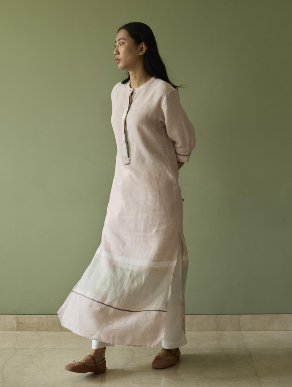 Terra Border Linen Dress-Blush