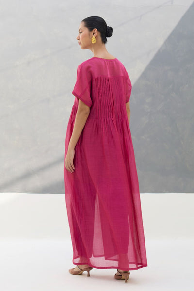 Vara Sheer Silk Chanderi Dress - Rose