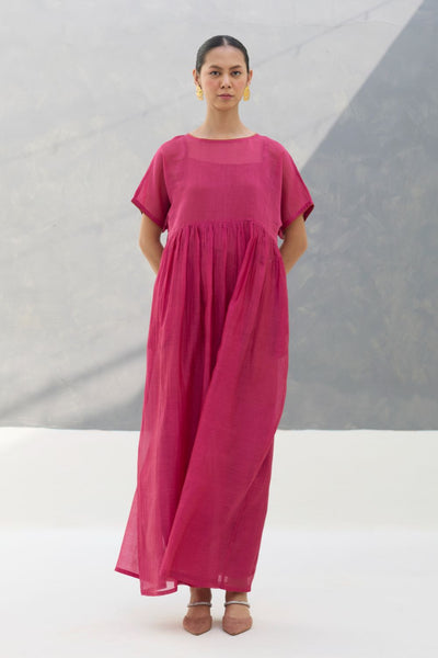 Vara Sheer Silk Chanderi Dress - Rose