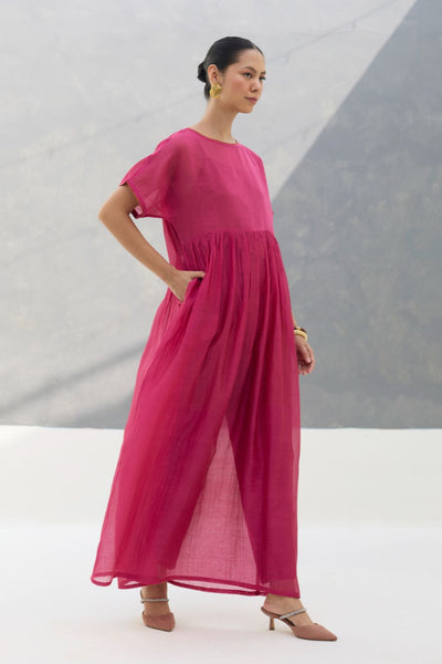 Vara Sheer Silk Chanderi Dress - Rose