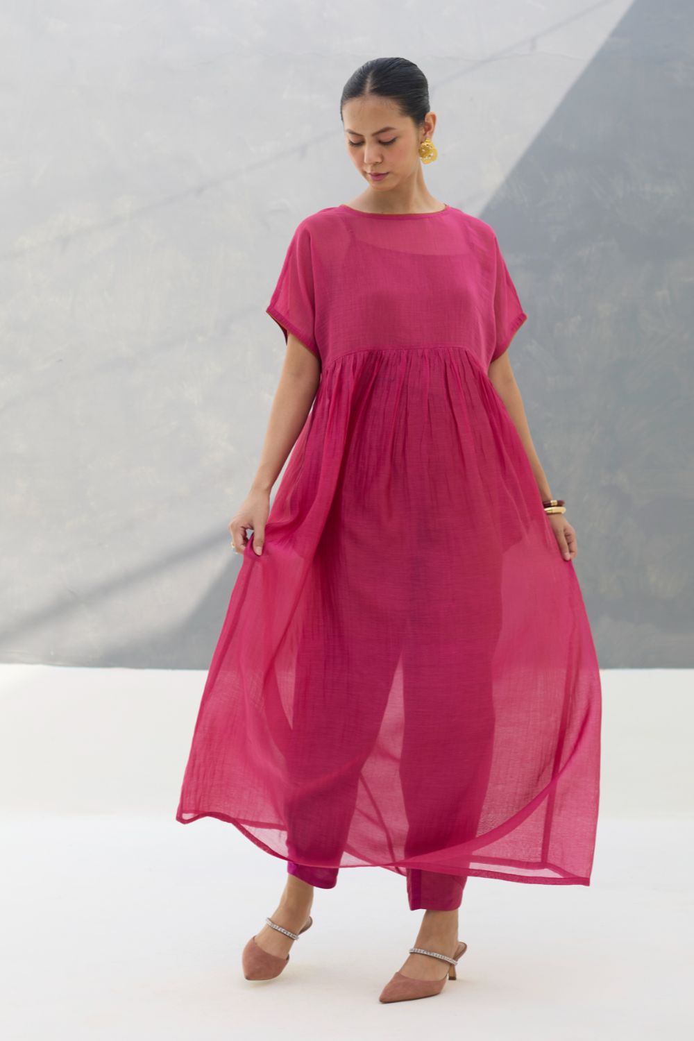 Vara Sheer Silk Chanderi Dress - Rose
