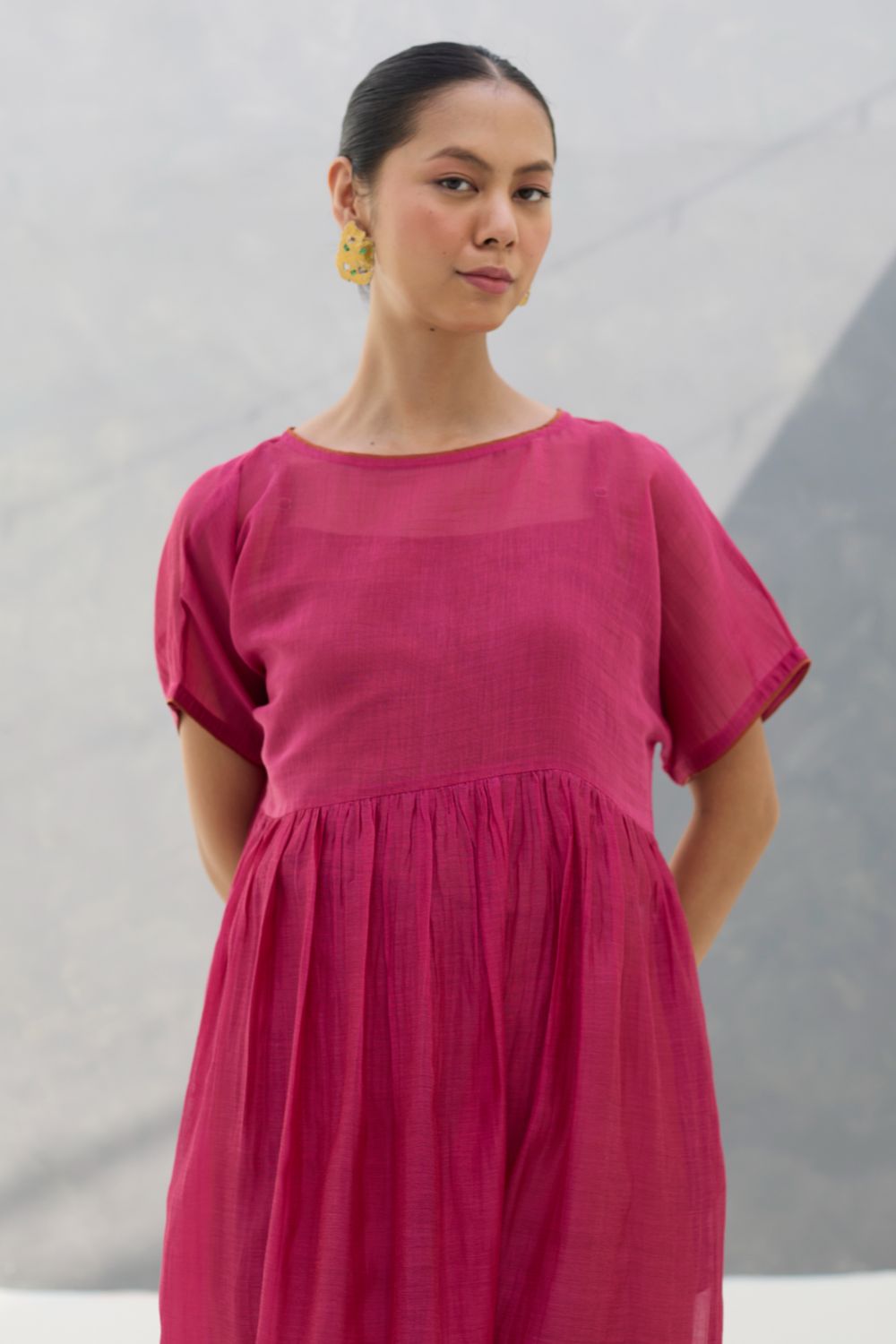 Vara Sheer Silk Chanderi Dress - Rose