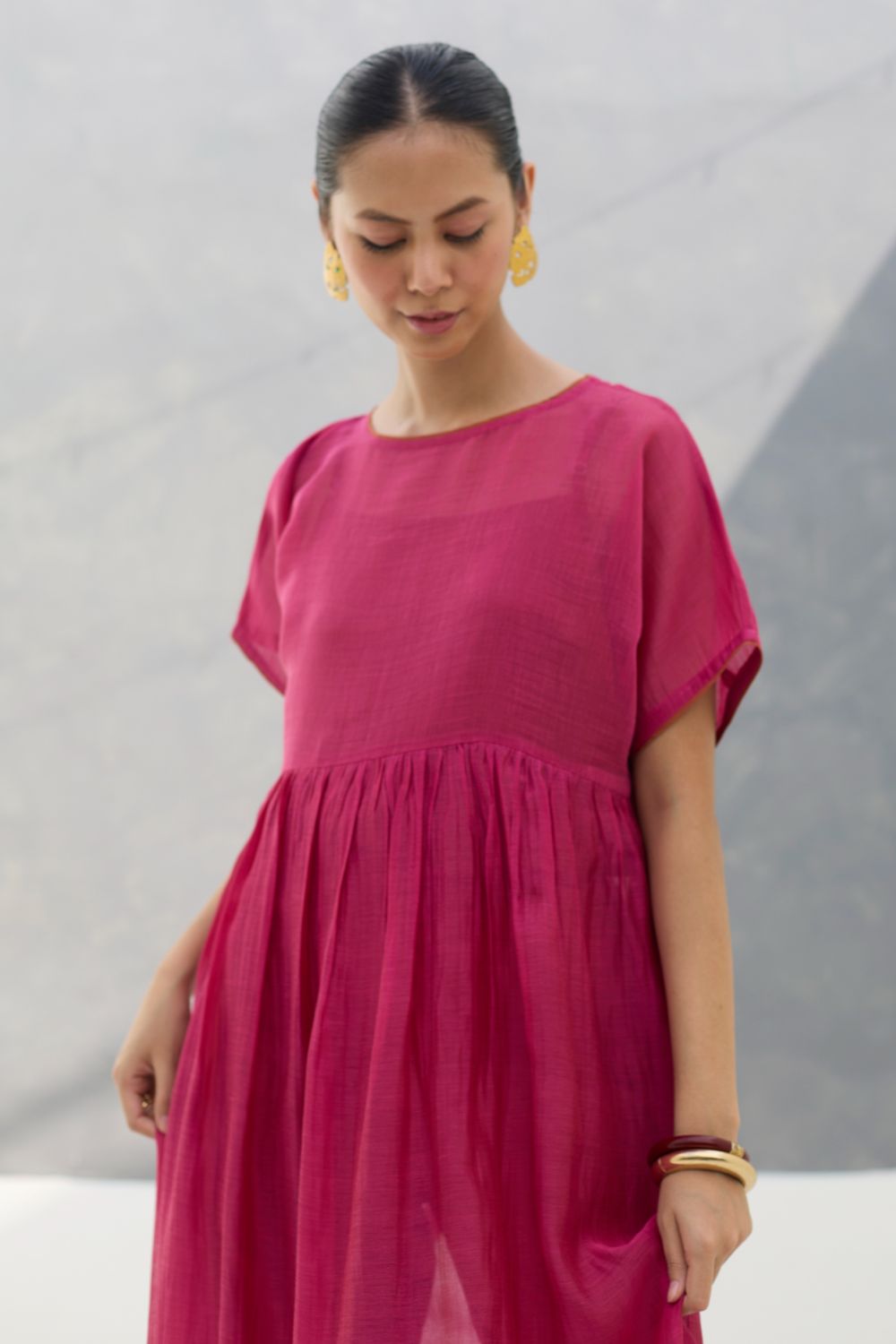 Vara Sheer Silk Chanderi Dress - Rose