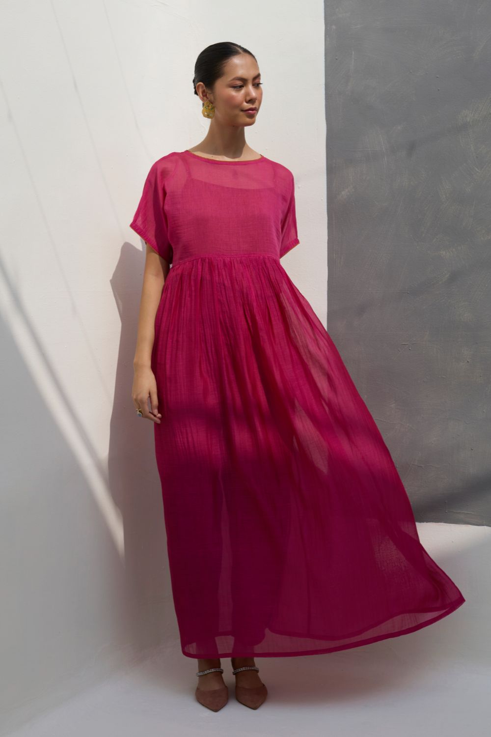 Vara Sheer Silk Chanderi Dress - Rose