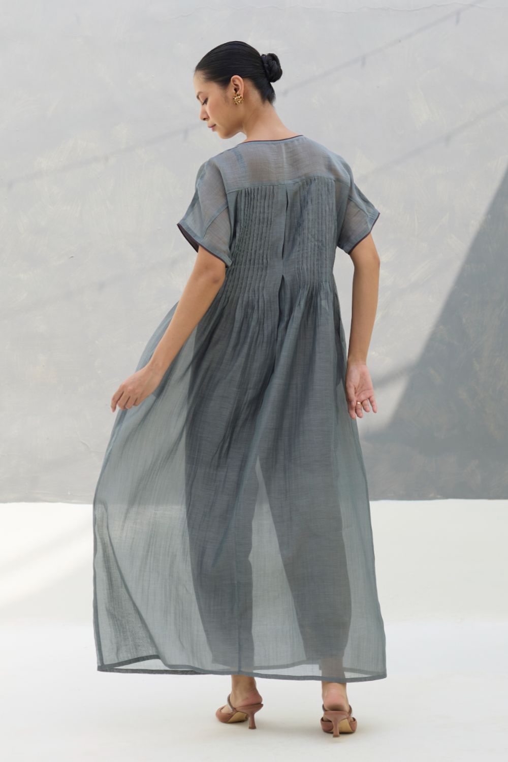 Vara Sheer Silk Chanderi Dress - Grey