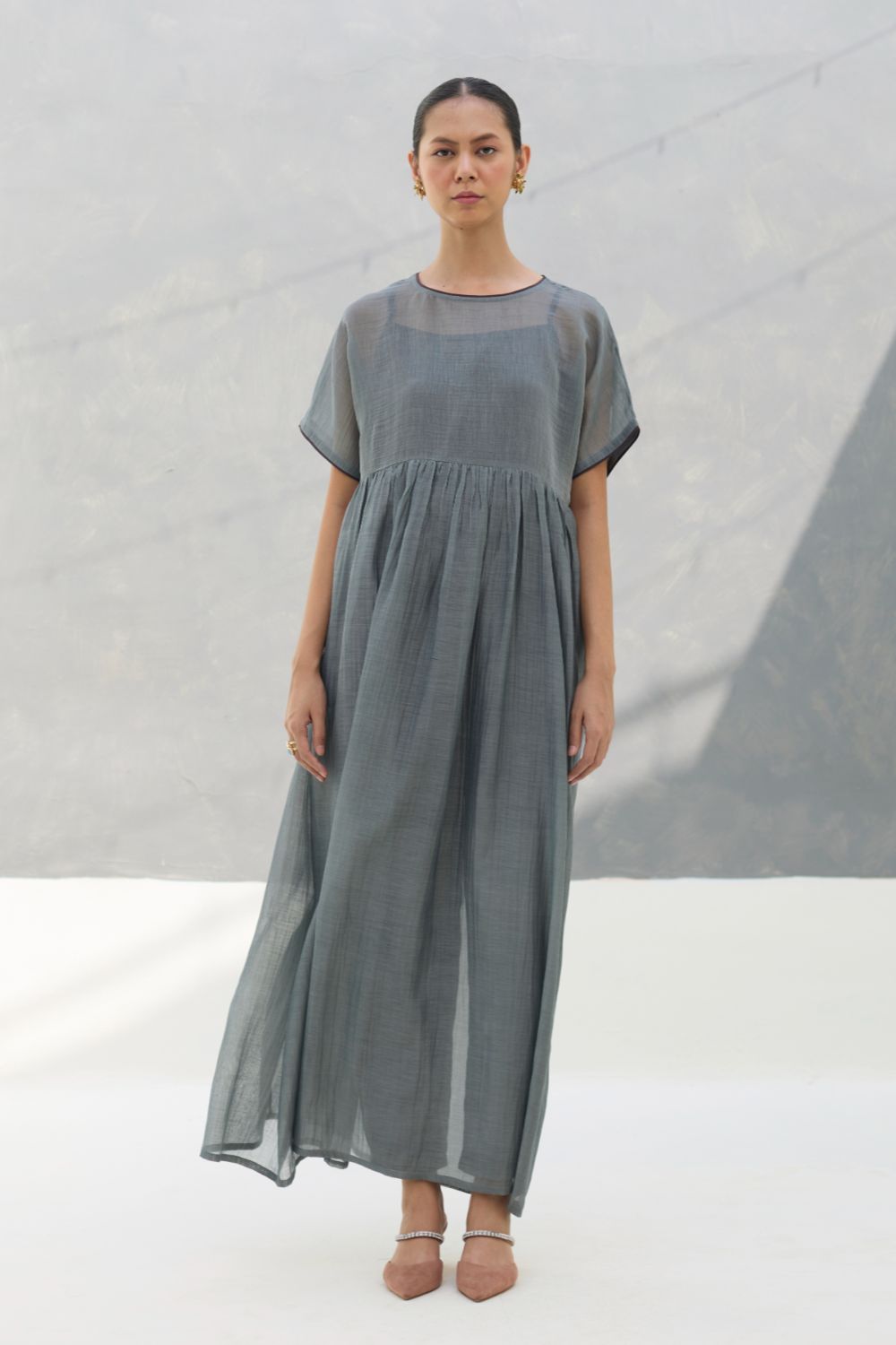 Vara Sheer Silk Chanderi Dress - Grey