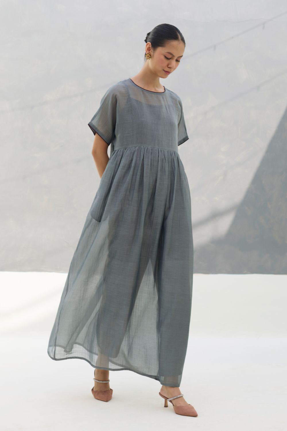Vara Sheer Silk Chanderi Dress - Grey