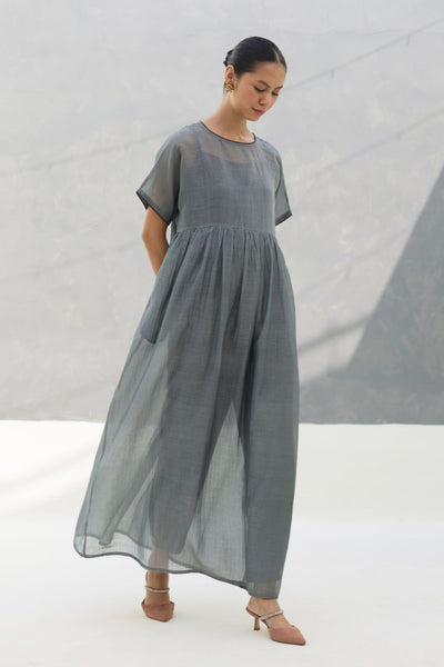 Vara Sheer Silk Chanderi Dress - Grey