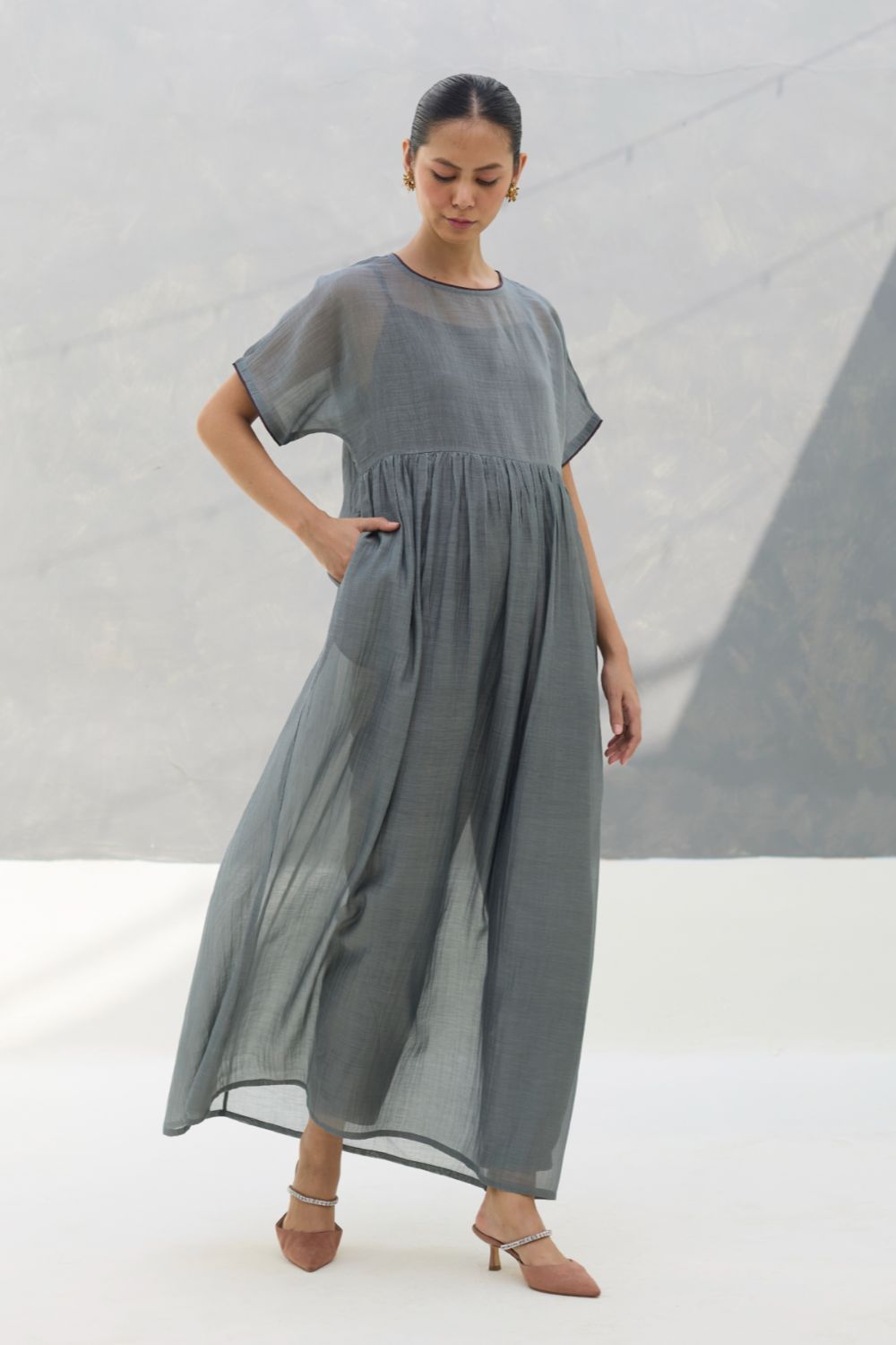 Vara Sheer Silk Chanderi Dress - Grey