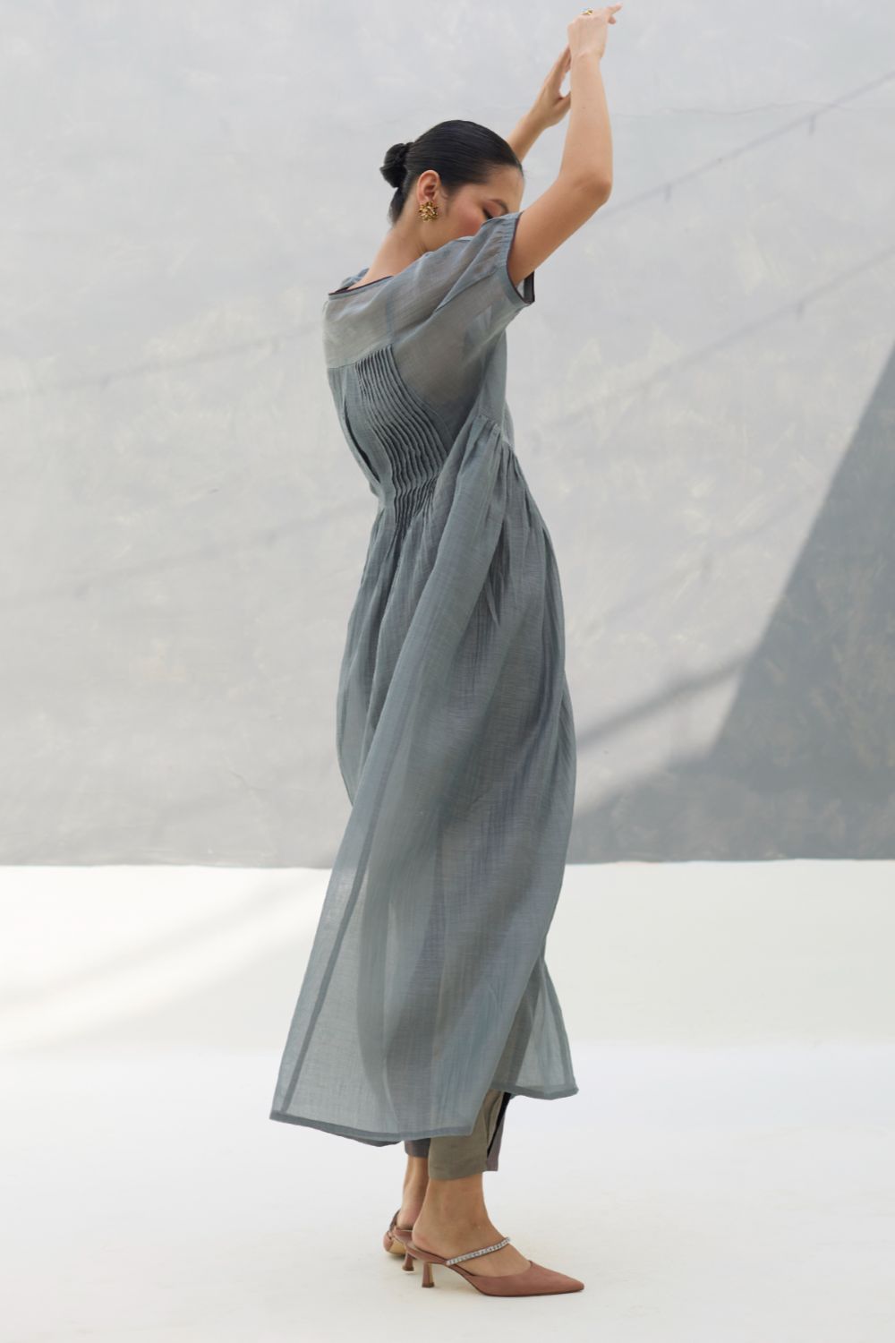 Vara Sheer Silk Chanderi Dress - Grey