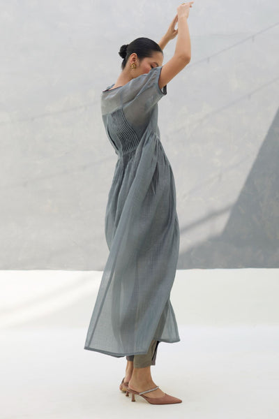 Vara Sheer Silk Chanderi Dress - Grey