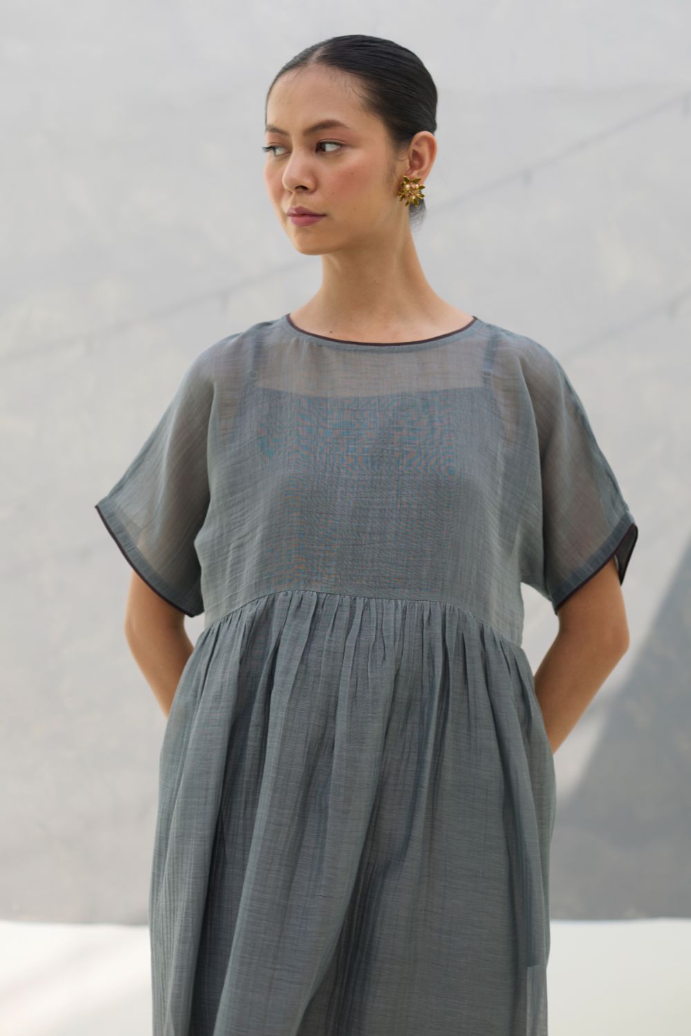 Vara Sheer Silk Chanderi Dress - Grey