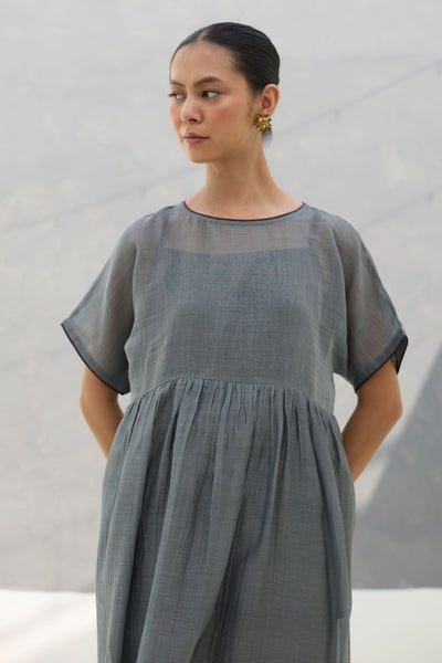 Vara Sheer Silk Chanderi Dress - Grey