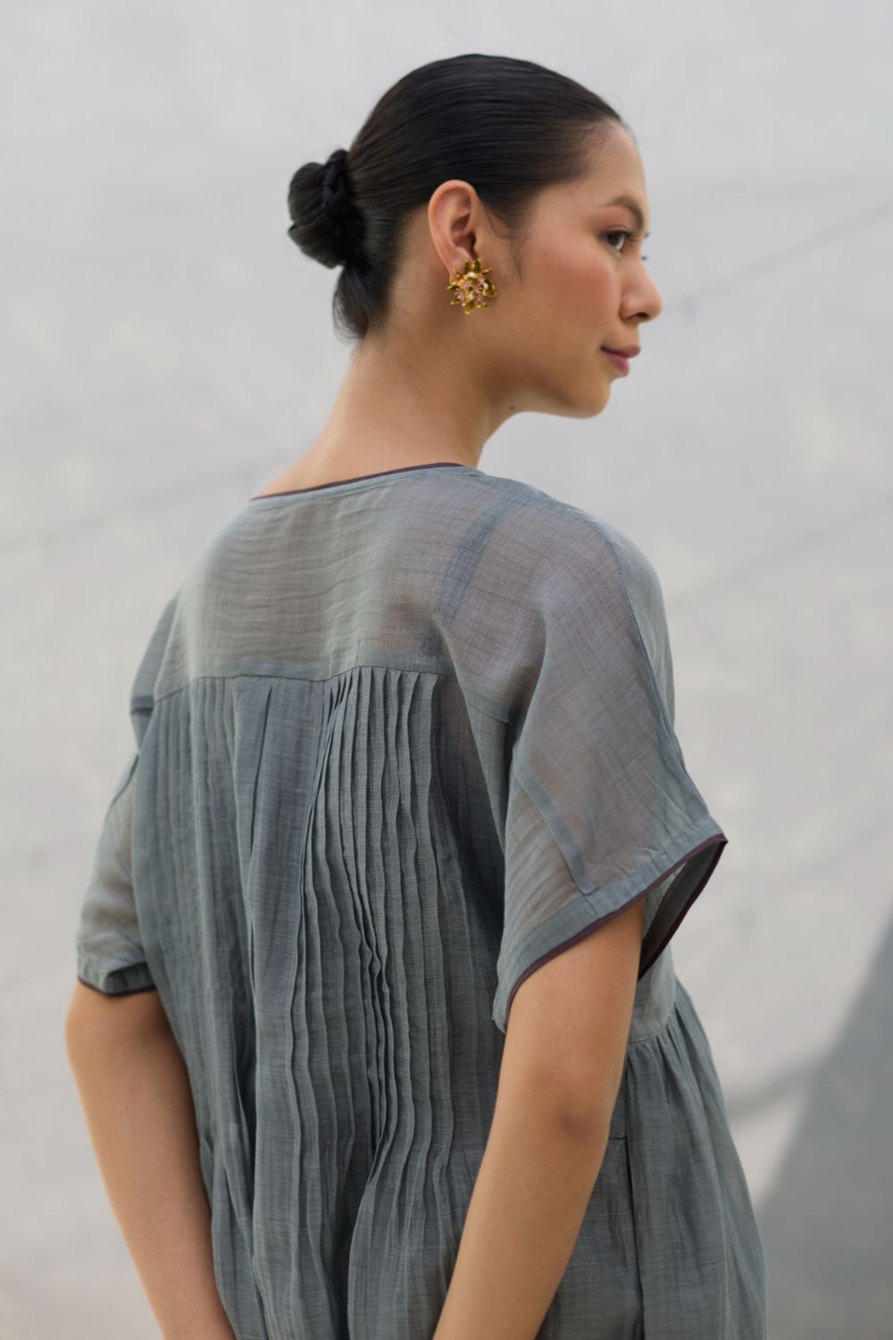 Vara Sheer Silk Chanderi Dress - Grey