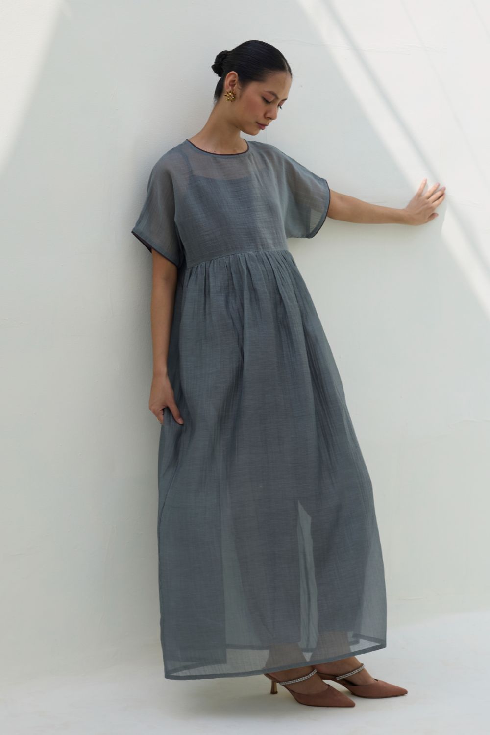 Vara Sheer Silk Chanderi Dress - Grey