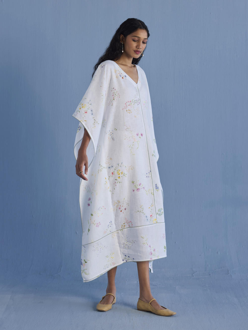 Eva Floral Linen Kaftan Dress - White