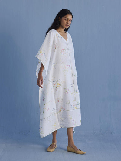 Eva Floral Linen Kaftan Dress - White