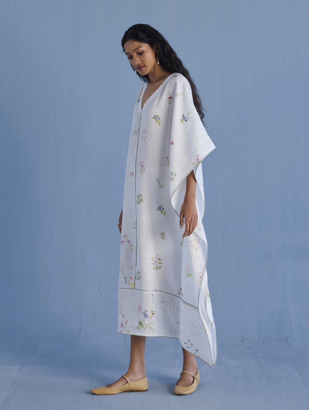 Eva Floral Linen Kaftan Dress - White
