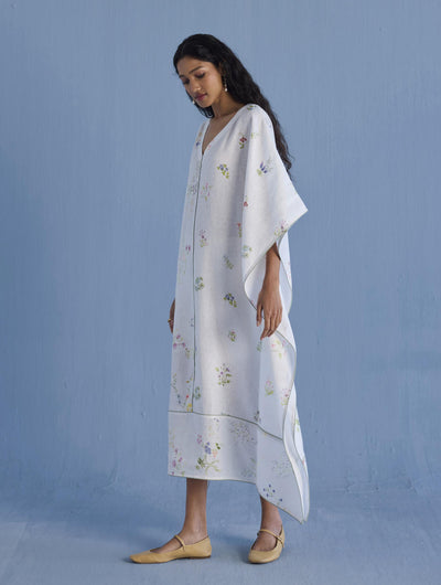 Eva Floral Linen Kaftan Dress - White