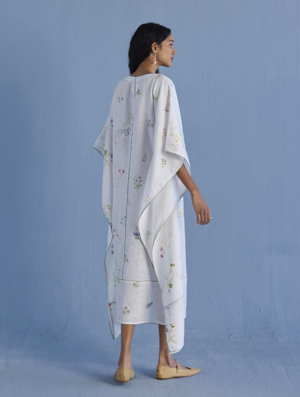 Eva Floral Linen Kaftan Dress - White