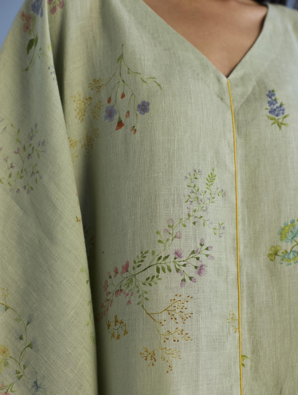 Eva Floral Linen Kaftan Dress - Mint