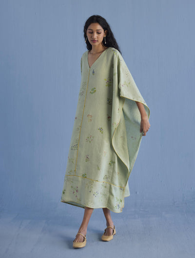 Eva Floral Linen Kaftan Dress - Mint