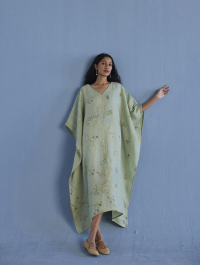 Eva Floral Linen Kaftan Dress - Mint