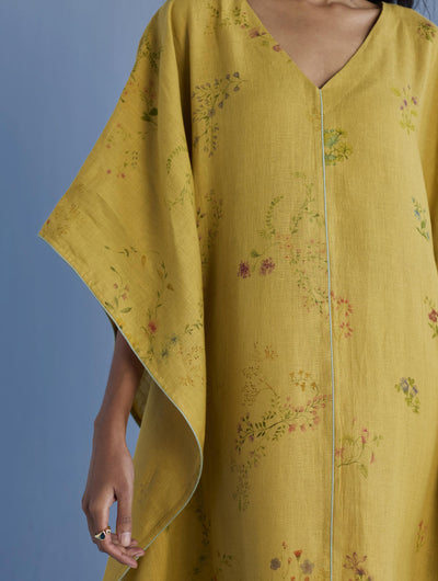 Eva Floral Linen Kaftan Dress - Ochre