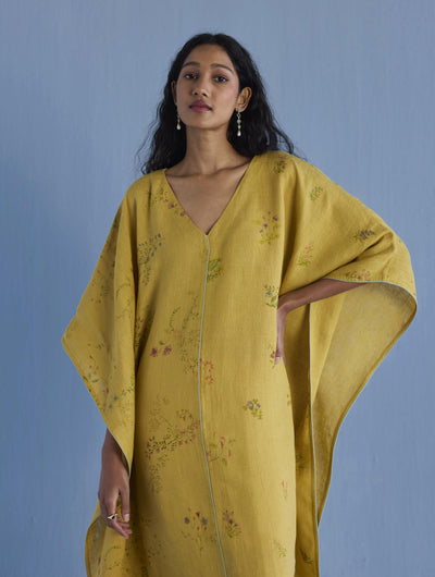 Eva Floral Linen Kaftan Dress - Ochre