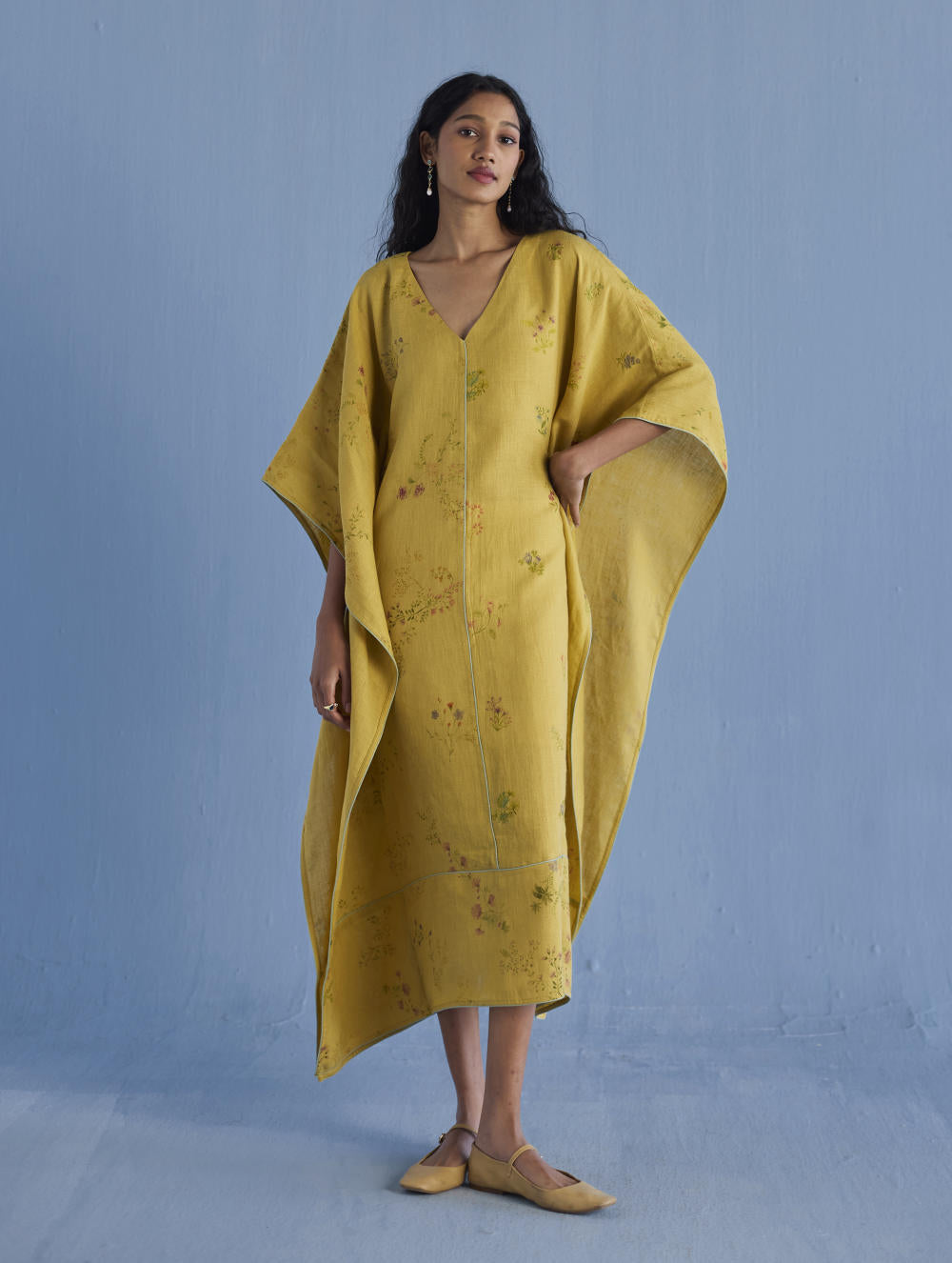 Eva Floral Linen Kaftan Dress - Ochre