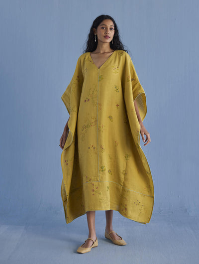 Eva Floral Linen Kaftan Dress - Ochre