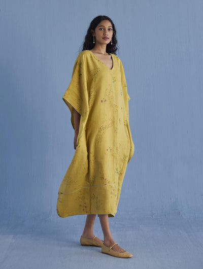 Eva Floral Linen Kaftan Dress - Ochre