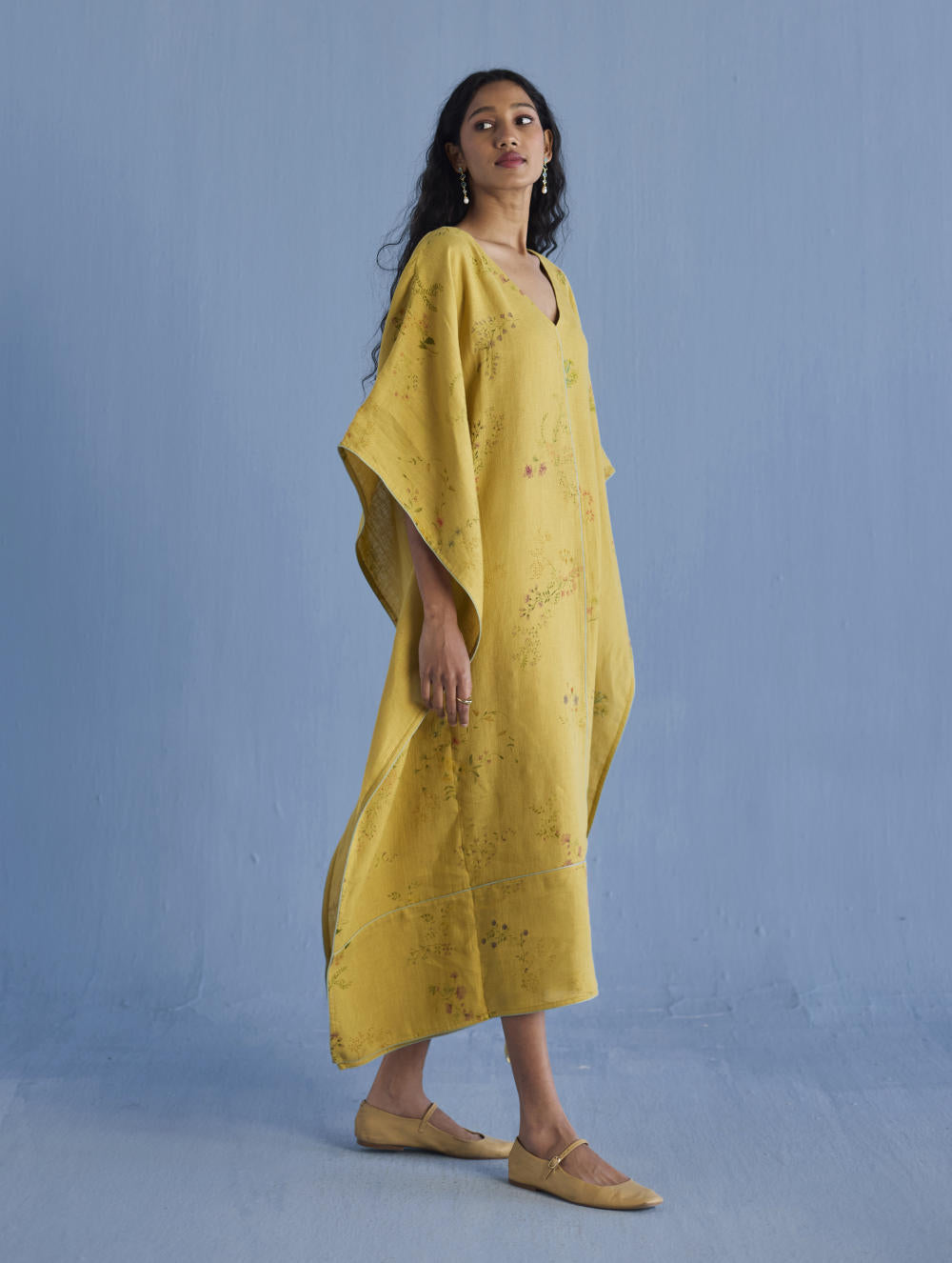 Eva Floral Linen Kaftan Dress - Ochre